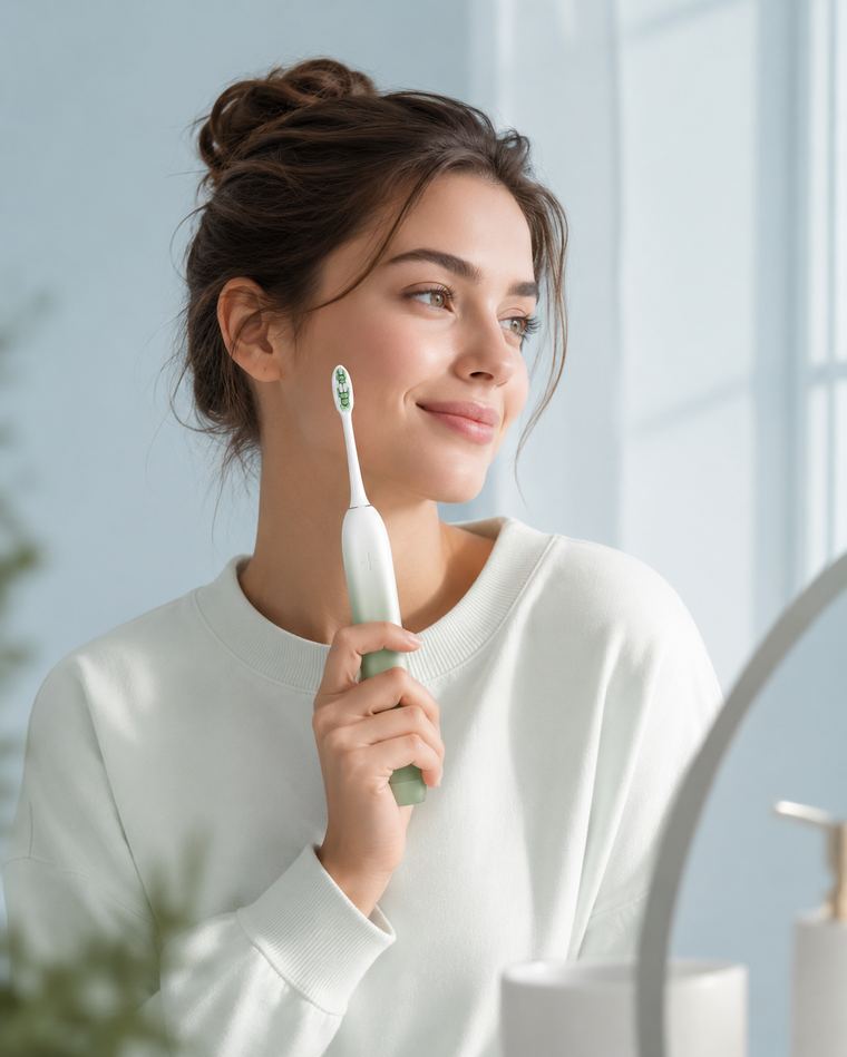 Femme souriante tenant sa brosse Brydent